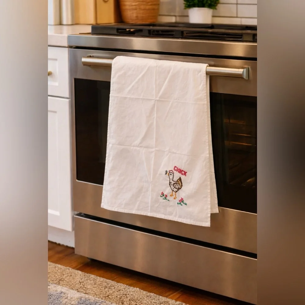 Vintage Hand Embroidered Chicken Design Flour Sack Kitchen Towels Set Of 5